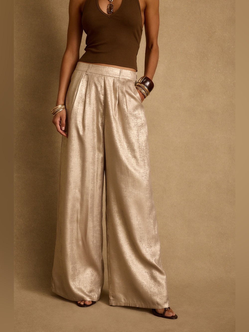 12th Tribe Metallic Wide-Leg Trousers in Champagne